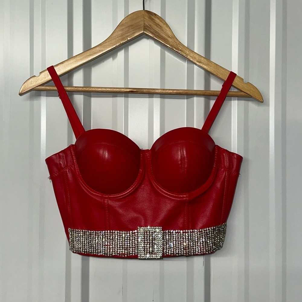 Red Faux Leather Rhinestone Bustier Top Corset Crop Clubwear Y2K Party Glam